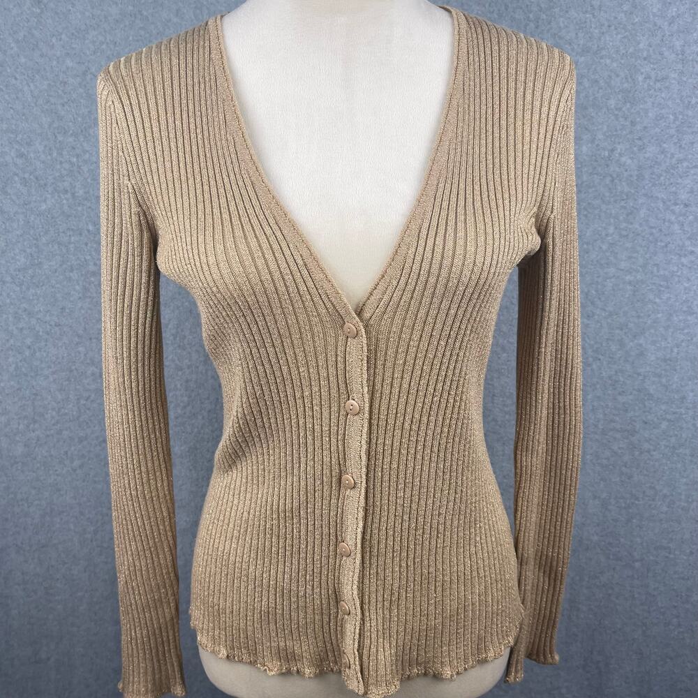 New York and Co Gold Metallic Low Cut Button Cardigan Size Small